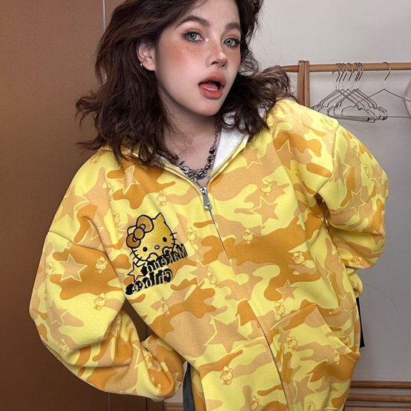 （Chất lượng cao）Siêu đáng yêu! Áo khoác hoodie cặp đôi Kitty dáng dài măng cổ Mỹ phong cách thu đông màu sắc độc đáo