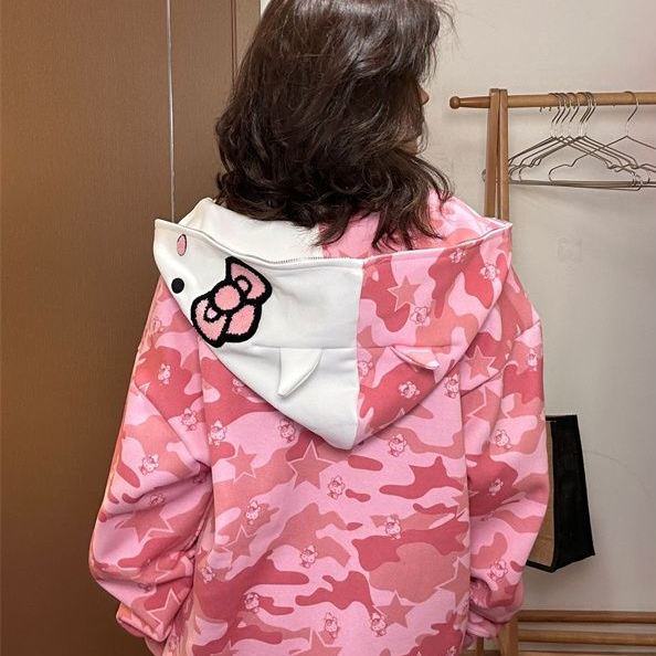 （Chất lượng cao）Siêu đáng yêu! Áo khoác hoodie cặp đôi Kitty dáng dài măng cổ Mỹ phong cách thu đông màu sắc độc đáo