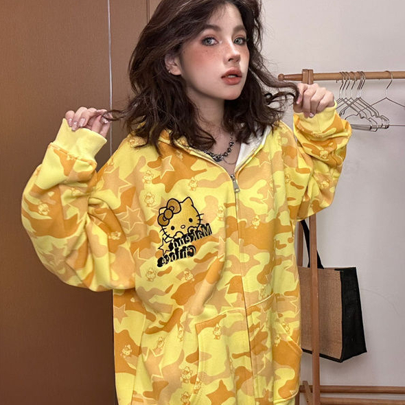 （Chất lượng cao）Siêu đáng yêu! Áo khoác hoodie cặp đôi Kitty dáng dài măng cổ Mỹ phong cách thu đông màu sắc độc đáo