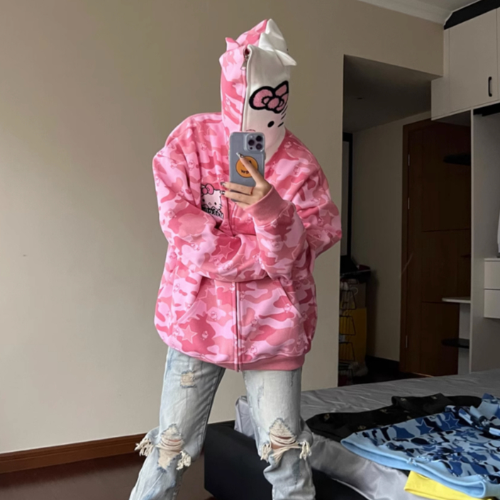 （Chất lượng cao）Siêu đáng yêu! Áo khoác hoodie cặp đôi Kitty dáng dài măng cổ Mỹ phong cách thu đông màu sắc độc đáo