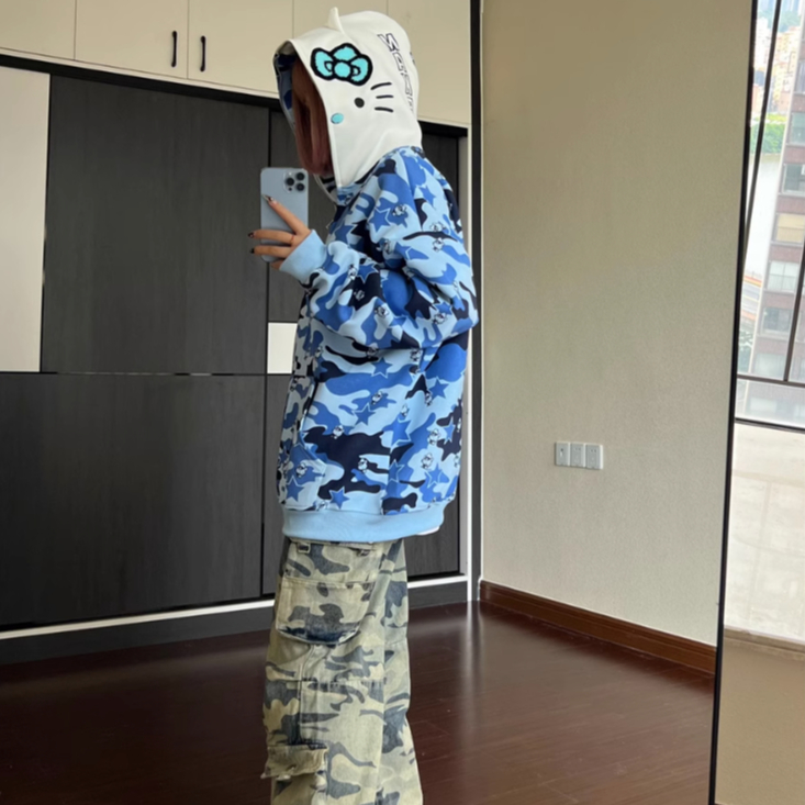 （Chất lượng cao）Siêu đáng yêu! Áo khoác hoodie cặp đôi Kitty dáng dài măng cổ Mỹ phong cách thu đông màu sắc độc đáo