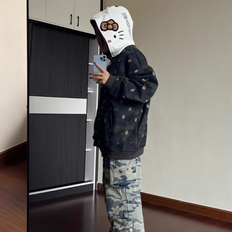 （Chất lượng cao）Siêu đáng yêu! Áo khoác hoodie cặp đôi Kitty dáng dài măng cổ Mỹ phong cách thu đông màu sắc độc đáo