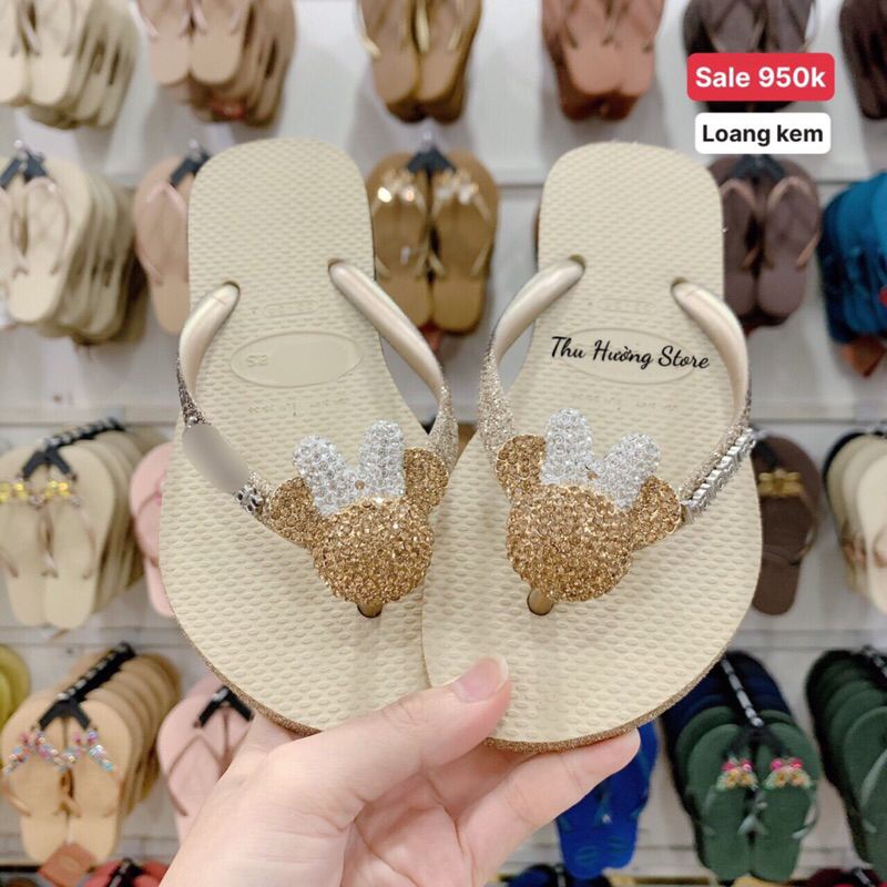 Thu Hường Store - Dép Nữ Bảng Màu Kim Tuyến Đính Mickey Tai Trắng