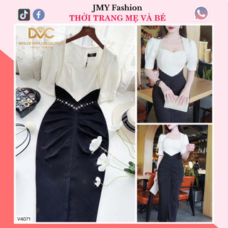 V4071 Váy đầm body đen trắng cổ tim sang chảnh [Dolce Viva Colection (DVC)] váy ôm body dài đính ngọc dự tiệc
