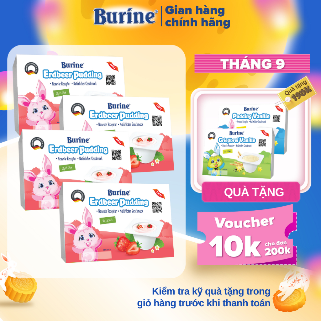 Combo 4 Vỉ Mix Đủ Vị Pudding và Cháo sữa ăn dặm Burine dinh dưỡng cho bé từ 6 tháng tuổi - Nhập khẩu Đức