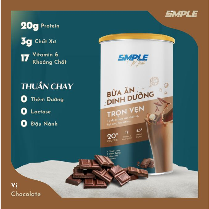 Simple Meal: Đồ Uống Thay Thế Bữa Ăn (Chocolate) - Bột Uống + Làm Bánh High Protein - Made In Vietnam