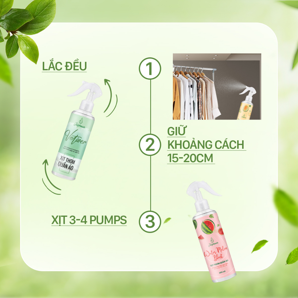 Xịt thơm quần áo JULYHOUSE 20ml/280ml chiết xuất tinh dầu thiên nhiên thơm mát