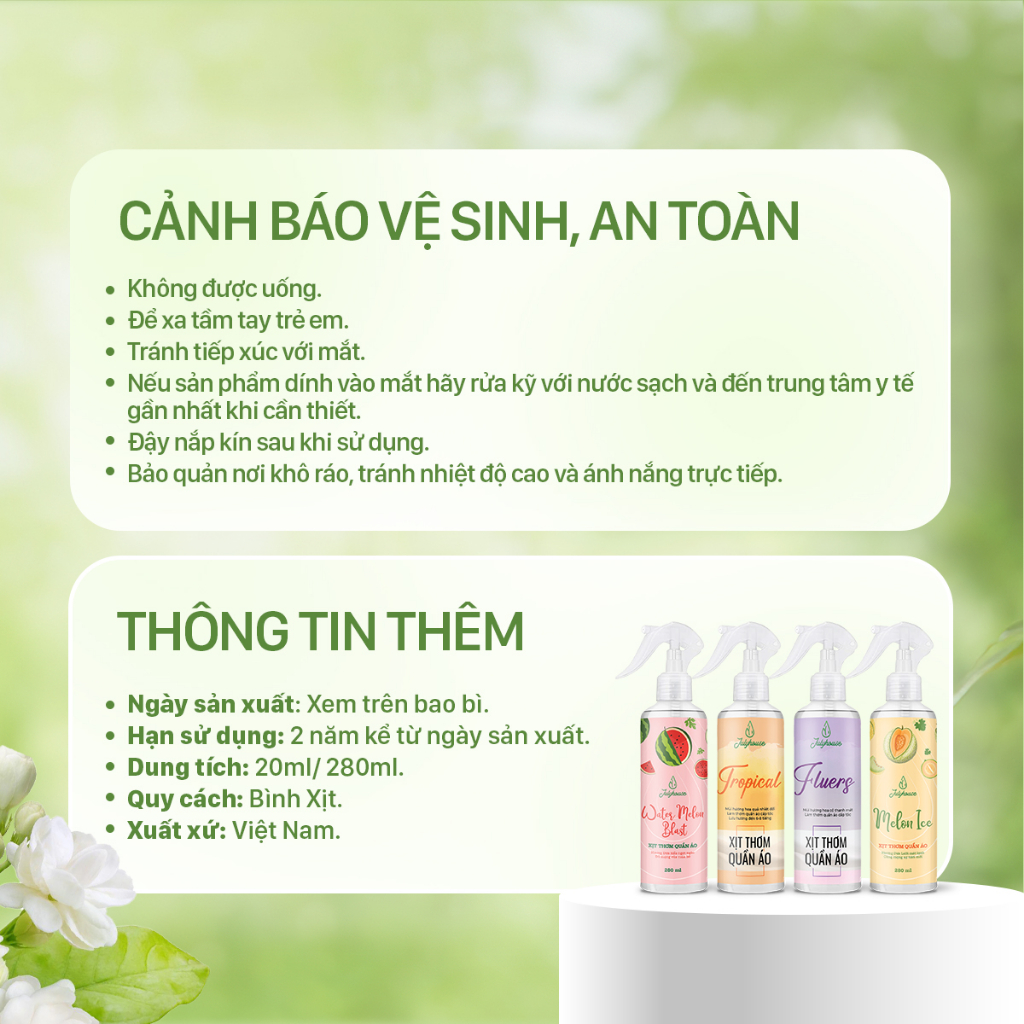 Xịt thơm quần áo JULYHOUSE 20ml/280ml chiết xuất tinh dầu thiên nhiên thơm mát