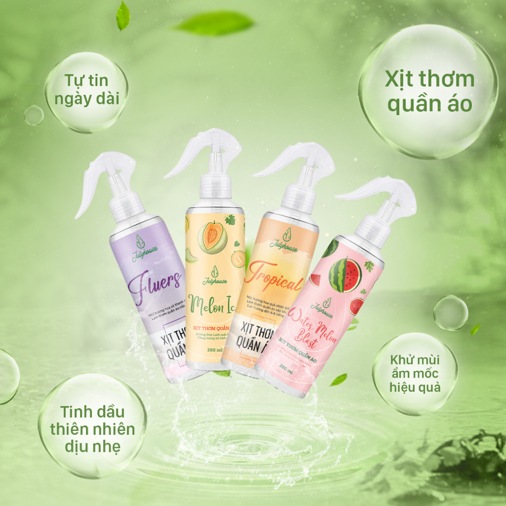 Xịt thơm quần áo JULYHOUSE 20ml/280ml chiết xuất tinh dầu thiên nhiên thơm mát