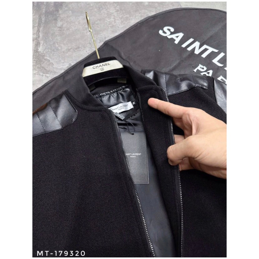 Áo Khoác Bomber Nam NỮ SLR Vải Dạ Phối Tay Da Đen Hai Bên Tay Vai Lót Gió 2 Lớp Dày Dặn From Dáng Hàn Quốc