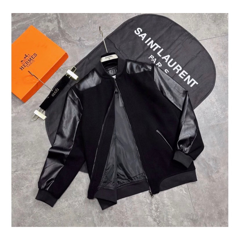 Áo Khoác Bomber Nam NỮ SLR Vải Dạ Phối Tay Da Đen Hai Bên Tay Vai Lót Gió 2 Lớp Dày Dặn From Dáng Hàn Quốc