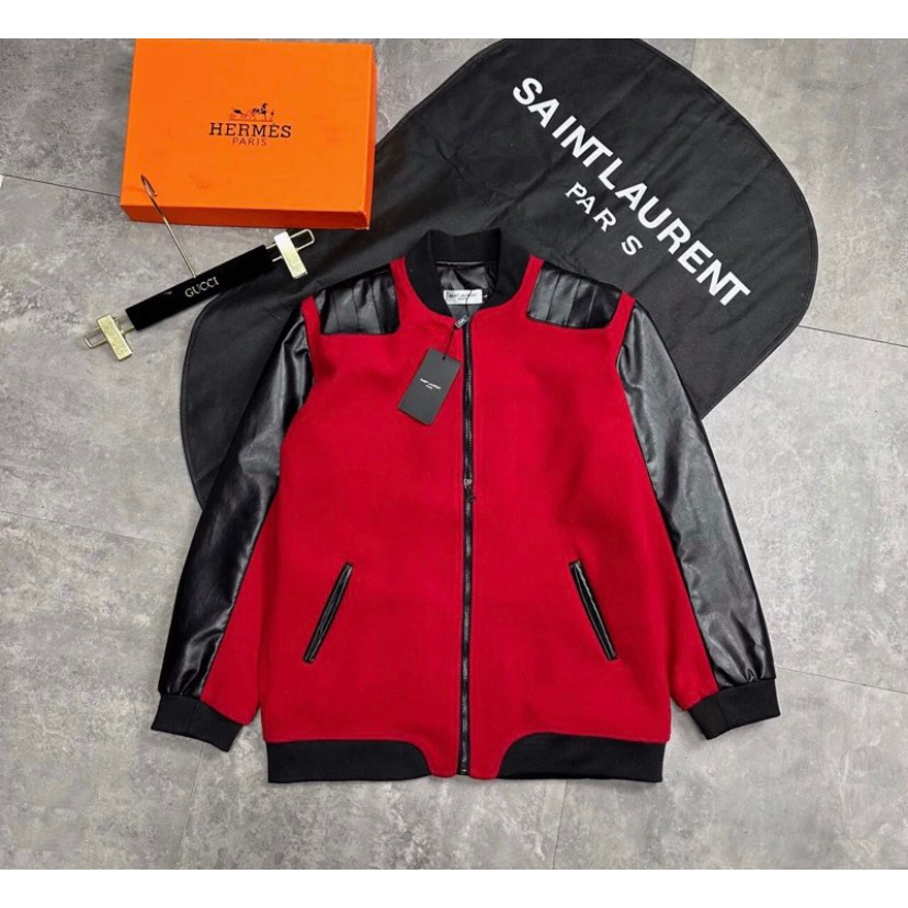 Áo Khoác Bomber Nam NỮ SLR Vải Dạ Phối Tay Da Đen Hai Bên Tay Vai Lót Gió 2 Lớp Dày Dặn From Dáng Hàn Quốc