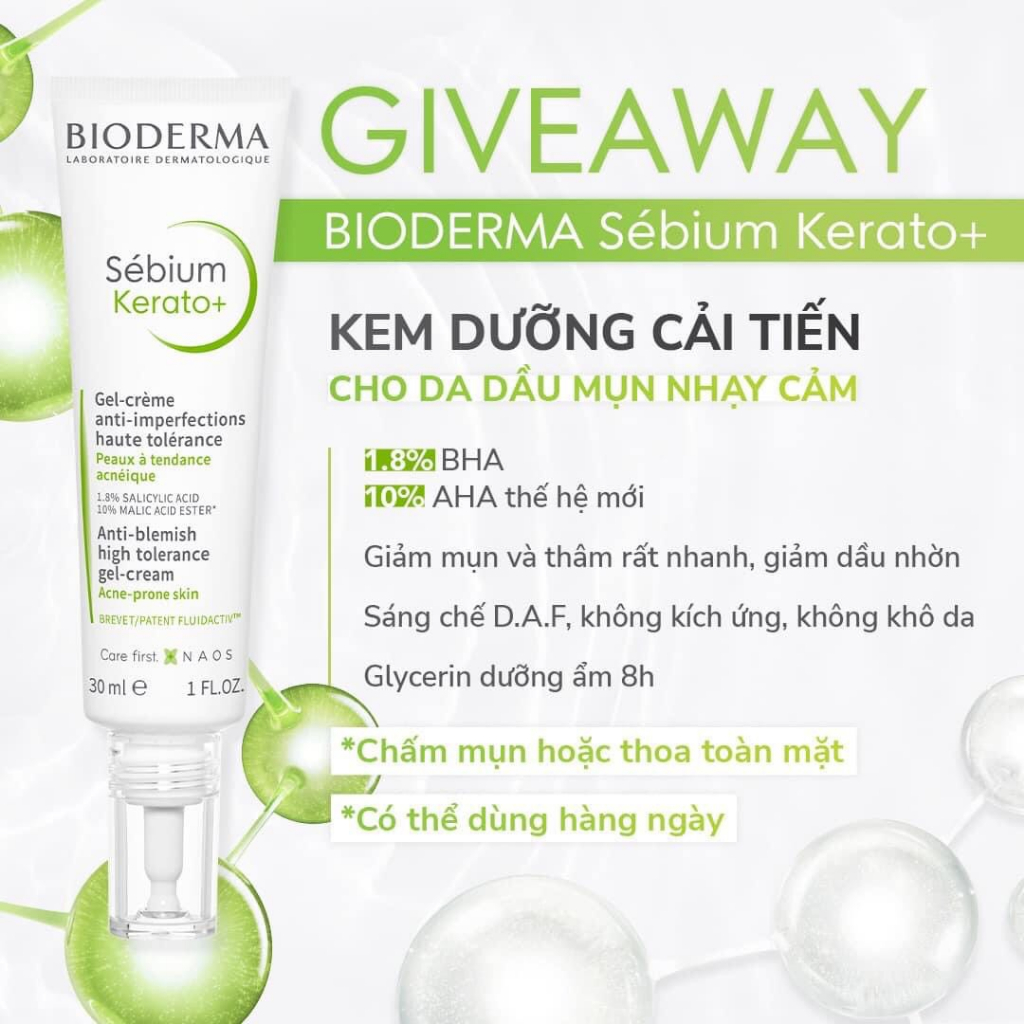 Sample kem dưỡng giảm mun, thâm mun Bioderma sebium kerato+ 5ml, mini size bio