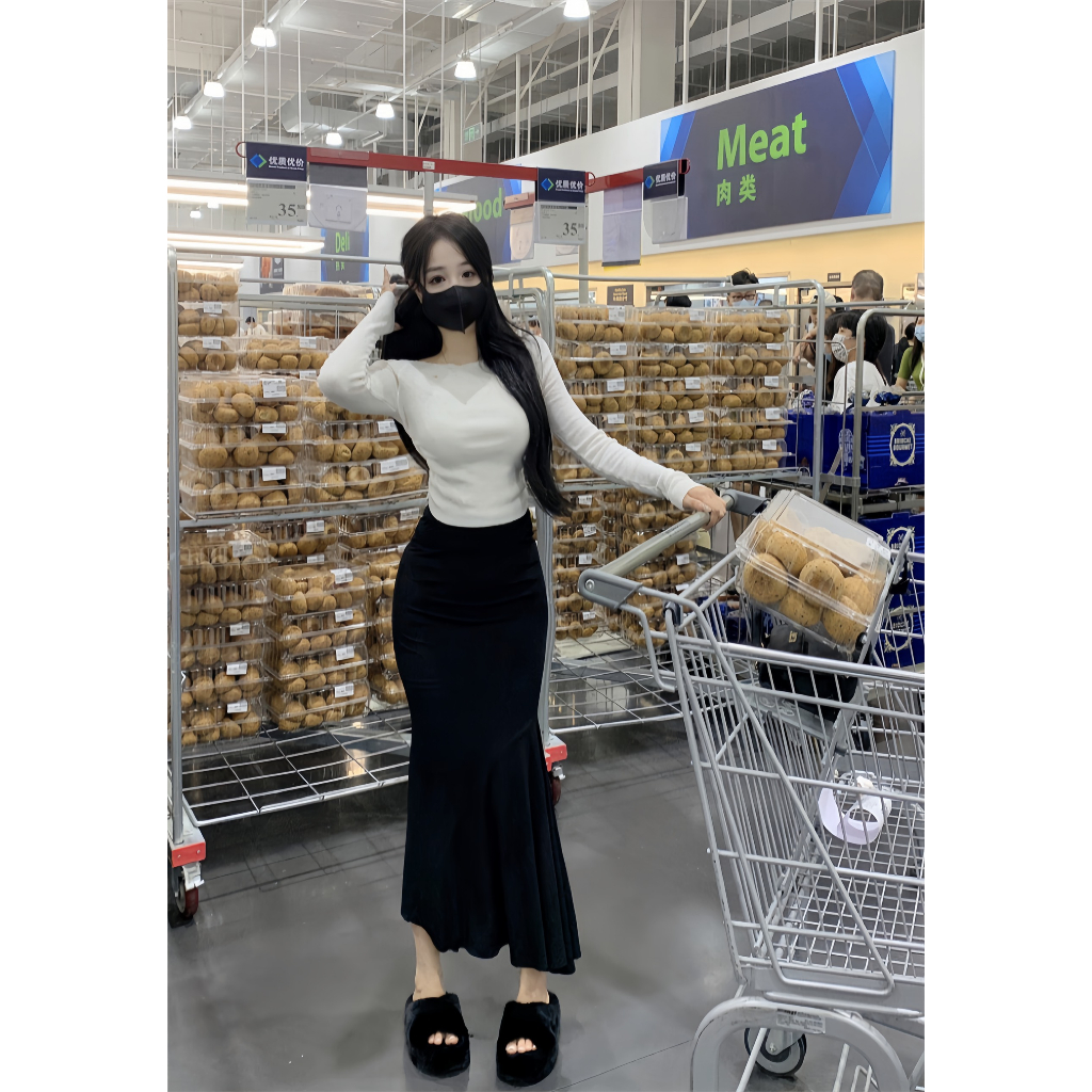 Chân váy dáng đuôi cá dài 82cm đen co giãn basic dễ phối đồ