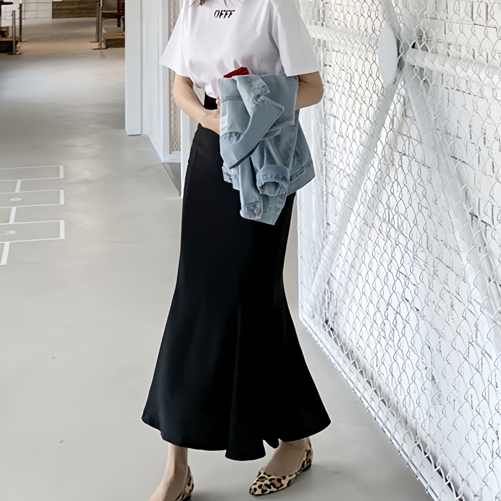 Chân váy dáng đuôi cá dài 82cm đen co giãn basic dễ phối đồ