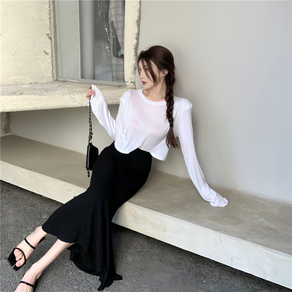 Chân váy dáng đuôi cá dài 82cm đen co giãn basic dễ phối đồ