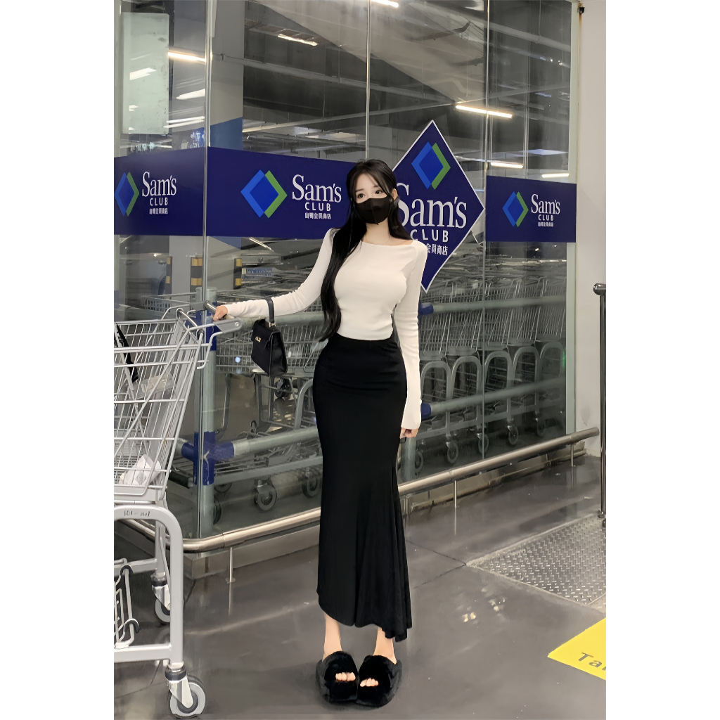 Chân váy dáng đuôi cá dài 82cm đen co giãn basic dễ phối đồ