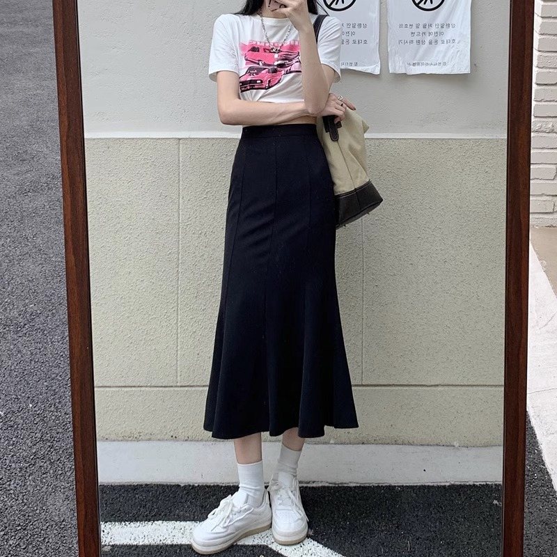 Chân váy dáng đuôi cá dài 82cm đen co giãn basic dễ phối đồ