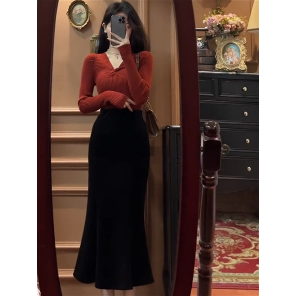 Chân váy dáng đuôi cá dài 82cm đen co giãn basic dễ phối đồ