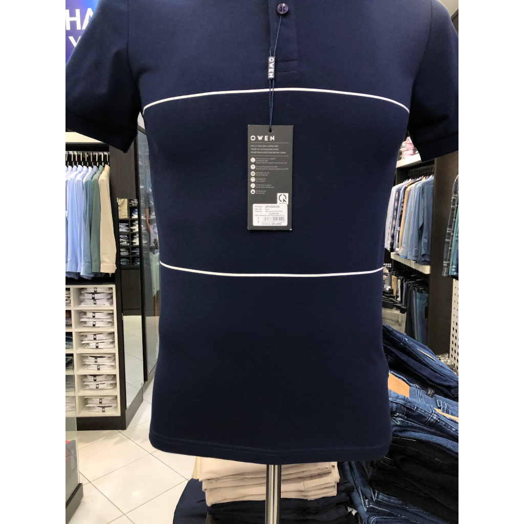 Áo polo owen màu xanh navy kẻ trắng body fit vải cotton APV220320