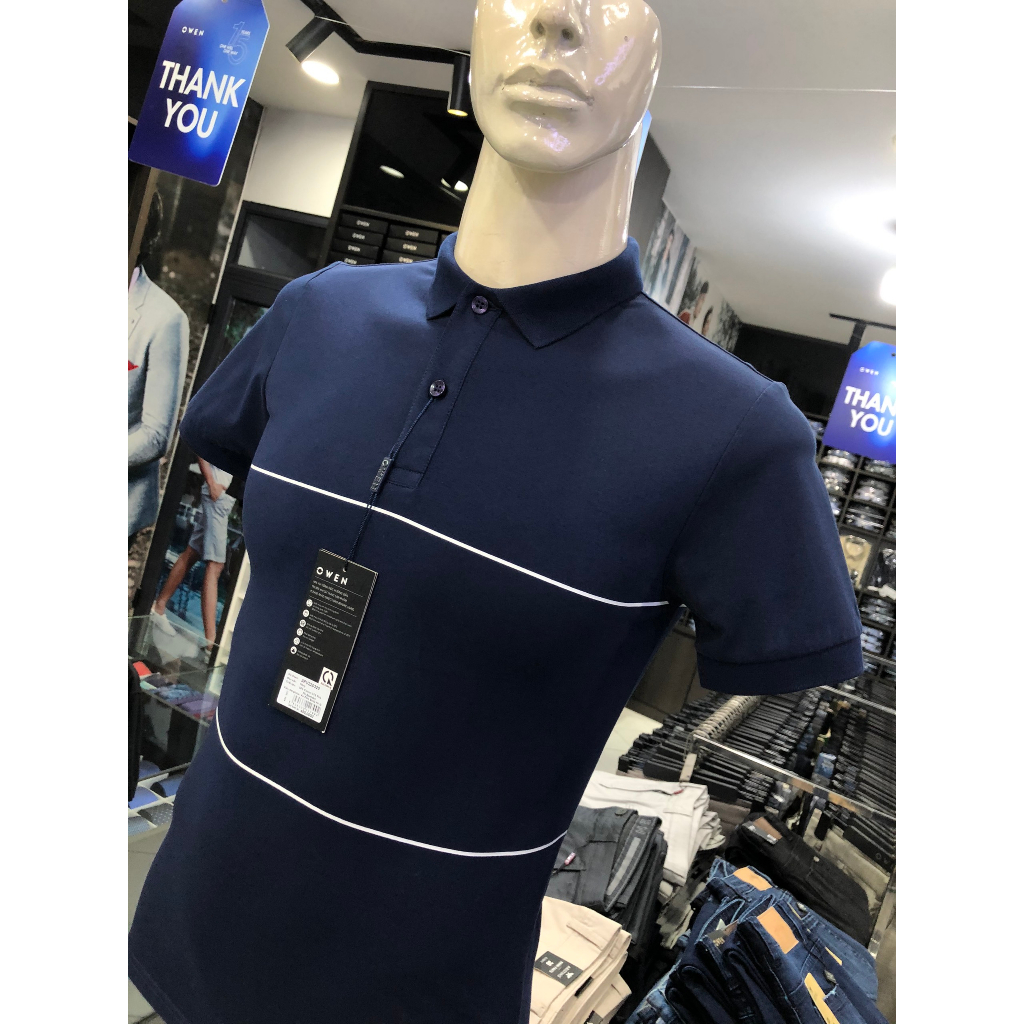 Áo polo owen màu xanh navy kẻ trắng body fit vải cotton APV220320