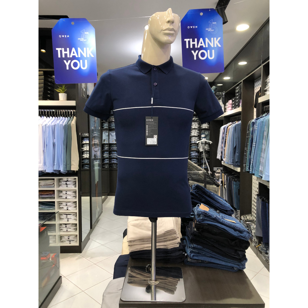 Áo polo owen màu xanh navy kẻ trắng body fit vải cotton APV220320
