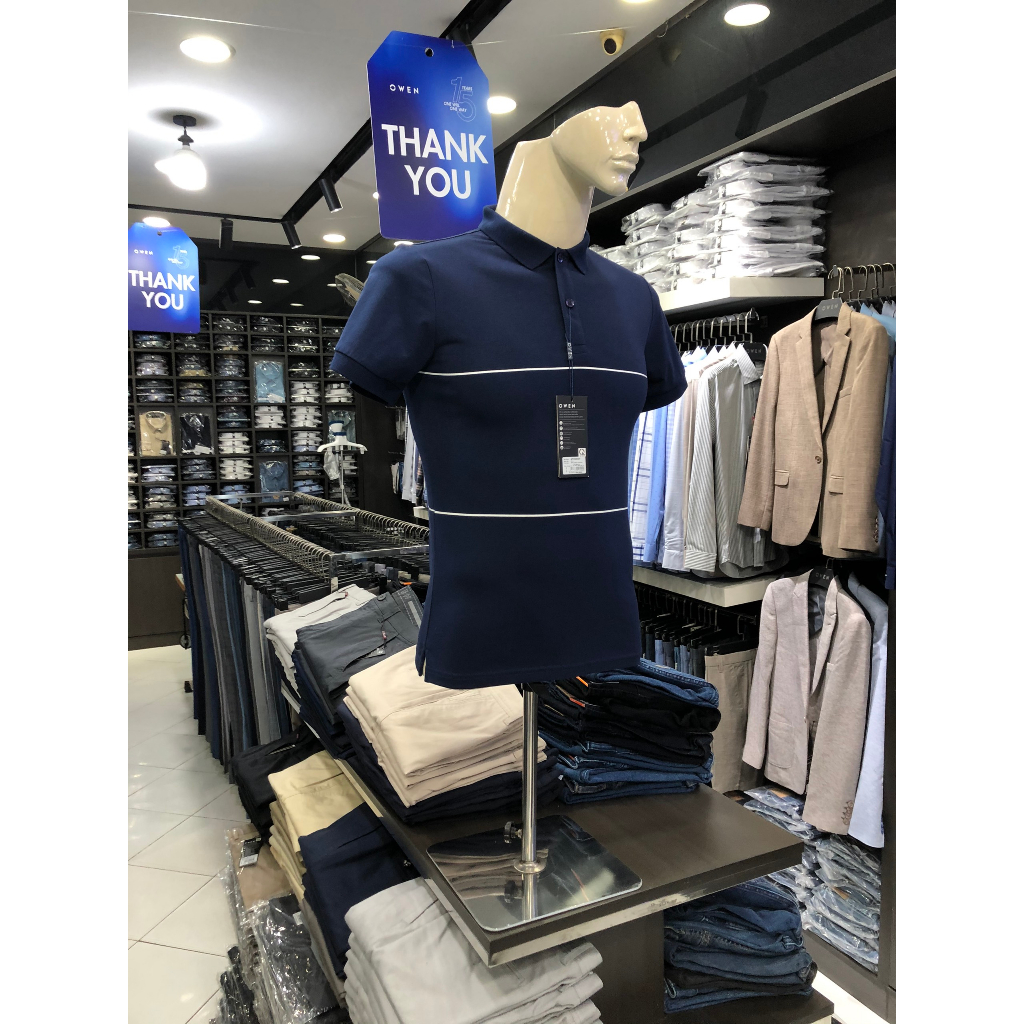 Áo polo owen màu xanh navy kẻ trắng body fit vải cotton APV220320