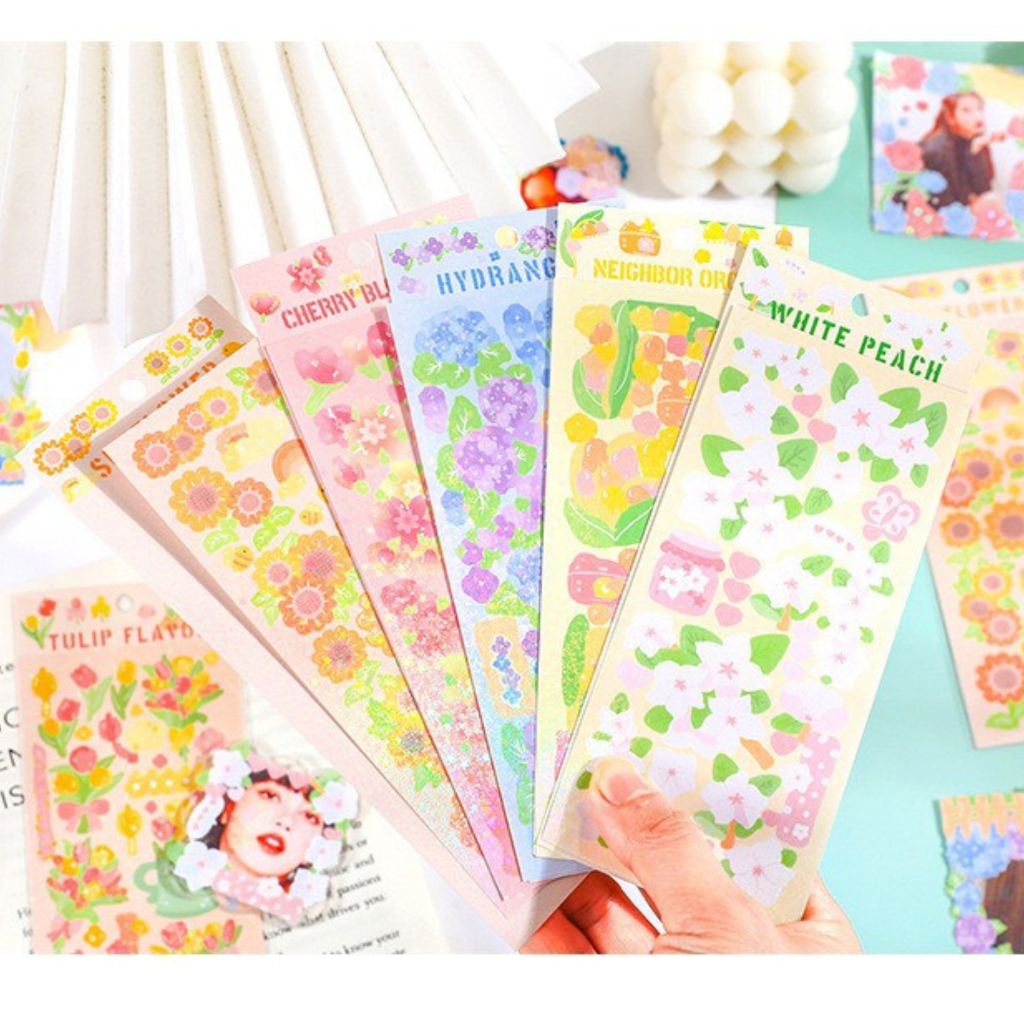 Sticker trang trí toploader set 6/8/10 tấm, sticker lấp lánh cute, nhãn dán phủ hologram