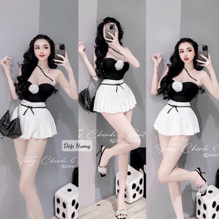 Set áo ống hoa hồng kèm chân váy phối nơ
