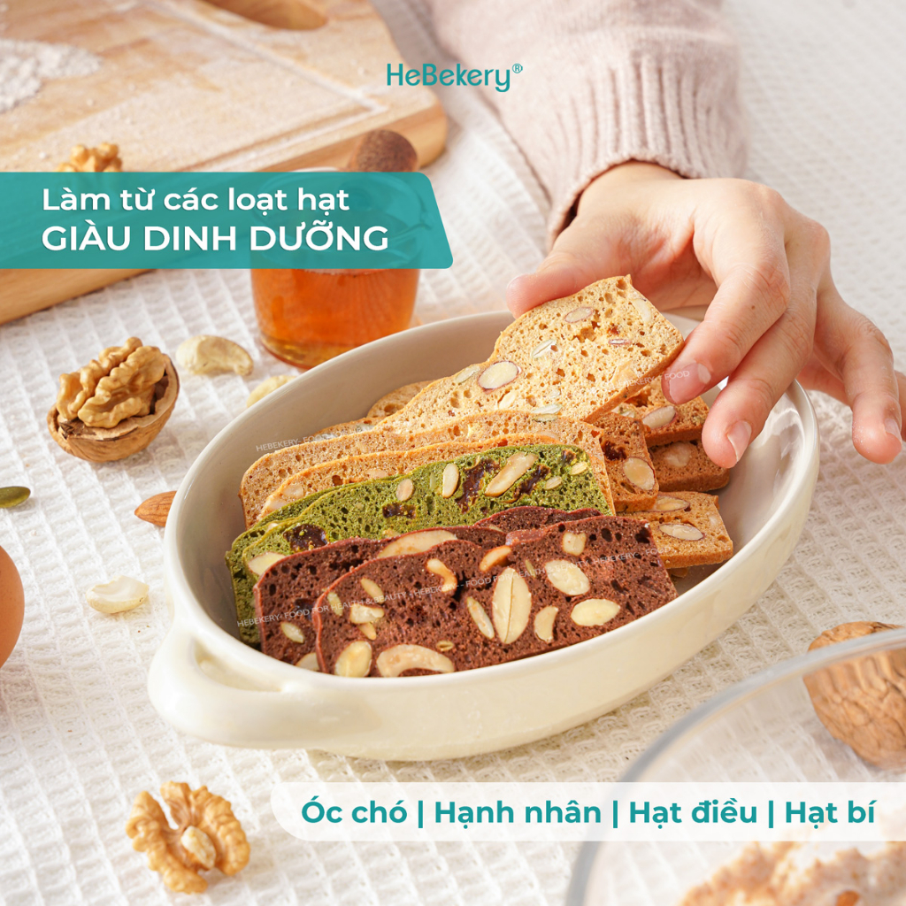 Bánh BISCOTTI Nguyên Cám 3 VỊ HEBEKERY by HEBE - Bánh Ngũ Cốc Nướng Ăn Kiêng Không Đường