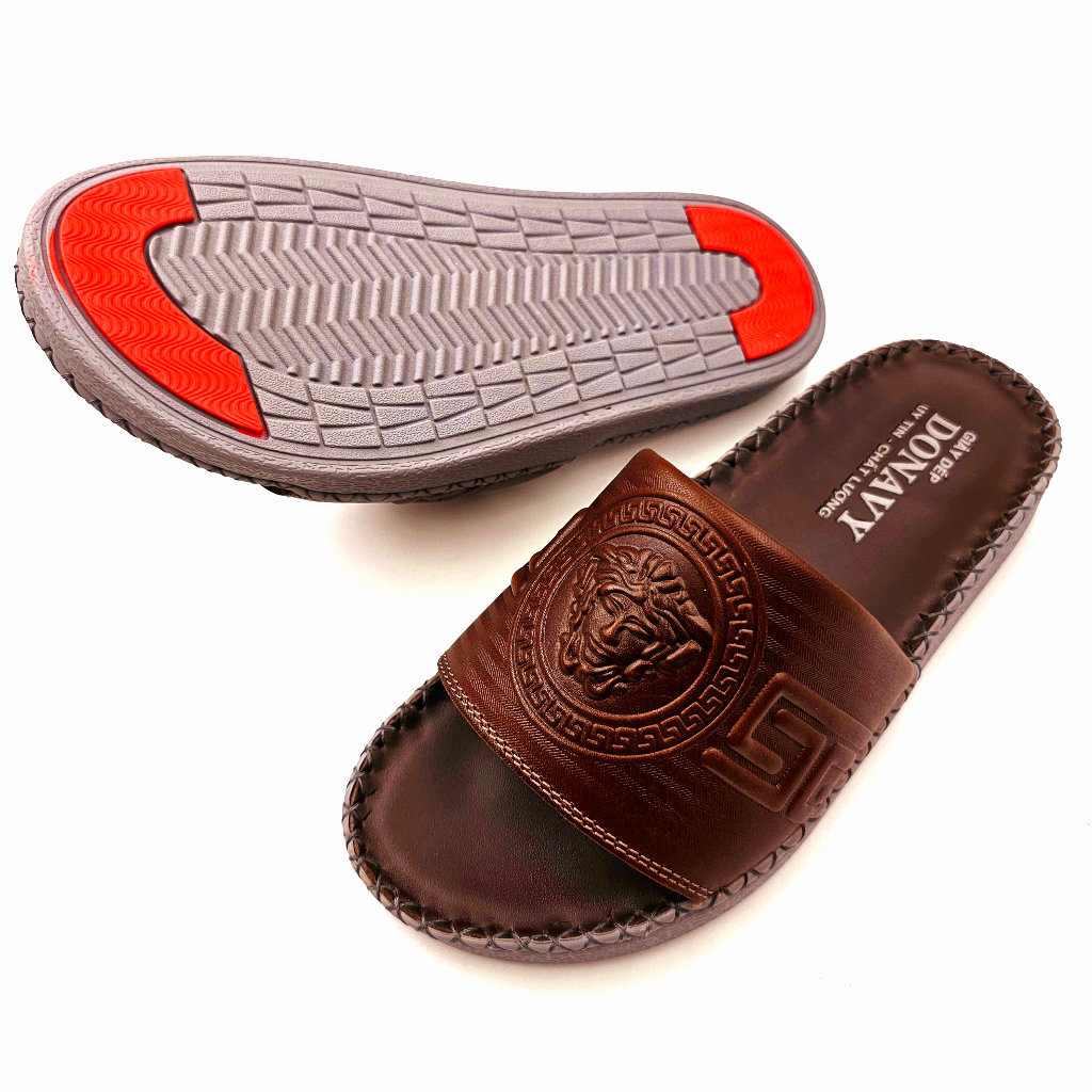 Dép quai ngang nam da bò 100%, da bò tự nhiên DONAVYVER may full quai và đế cao su đúc nguyên khối bao đi nước D.VER