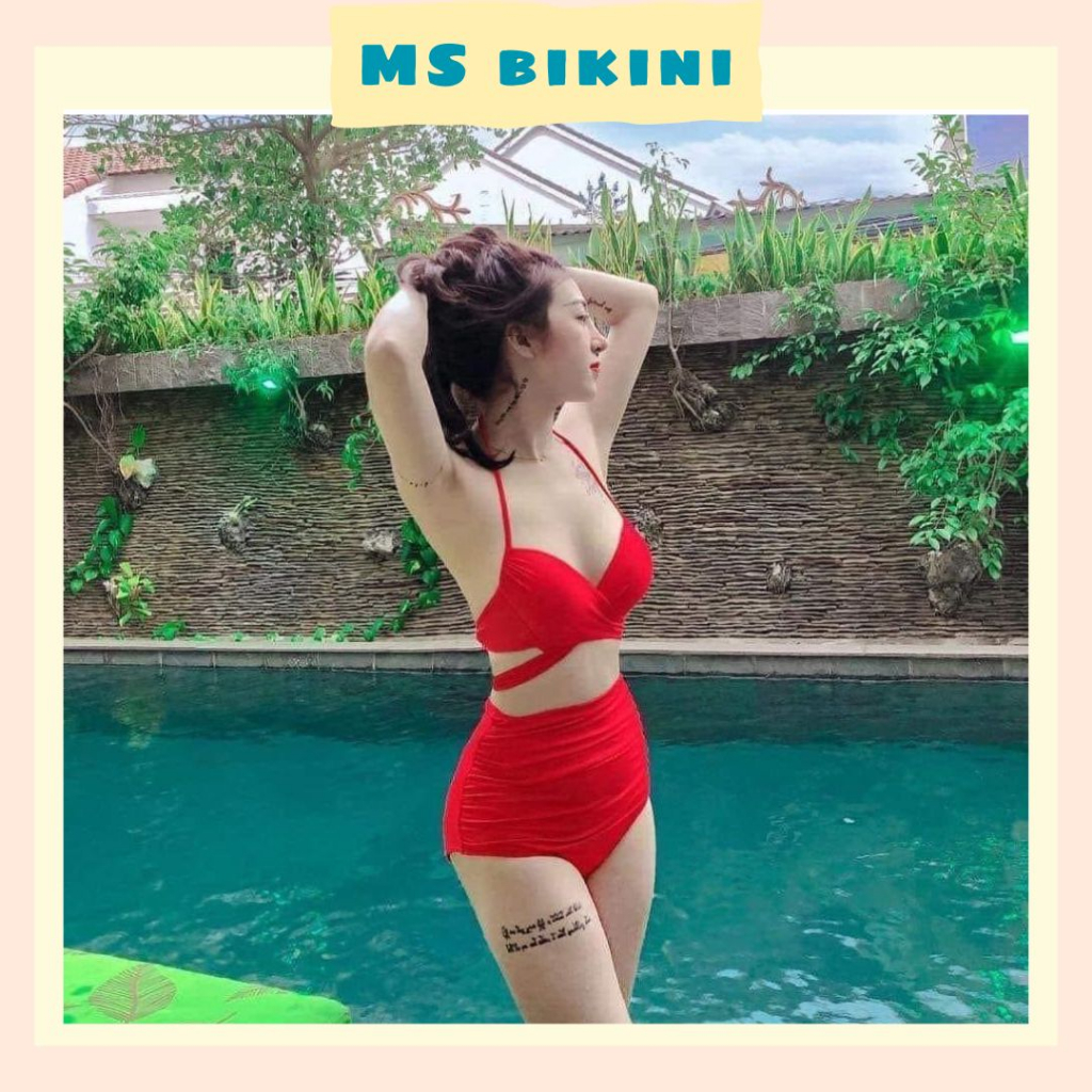 Đồ bơi nữ bộ bikini đi biển 2 mảnh nâng ngực quần lưng cao che bụng áo tà dài buộc chéo sexy Misa Ms11