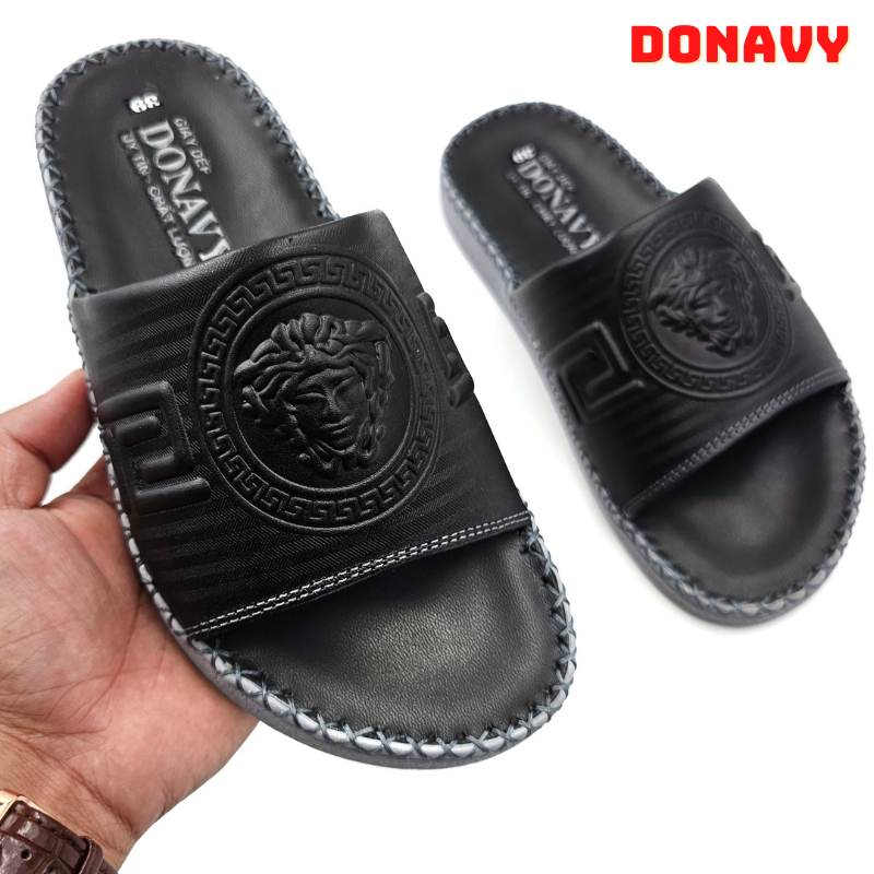 Dép quai ngang nam da bò thật kiểu Versace, đế đúc nguyên khối thiết kế xẻ rãnh chống trơn trượt D.Ver