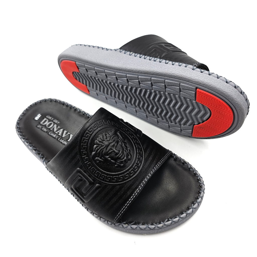 Dép quai ngang nam da bò thật kiểu Versace, đế đúc nguyên khối thiết kế xẻ rãnh chống trơn trượt D.Ver