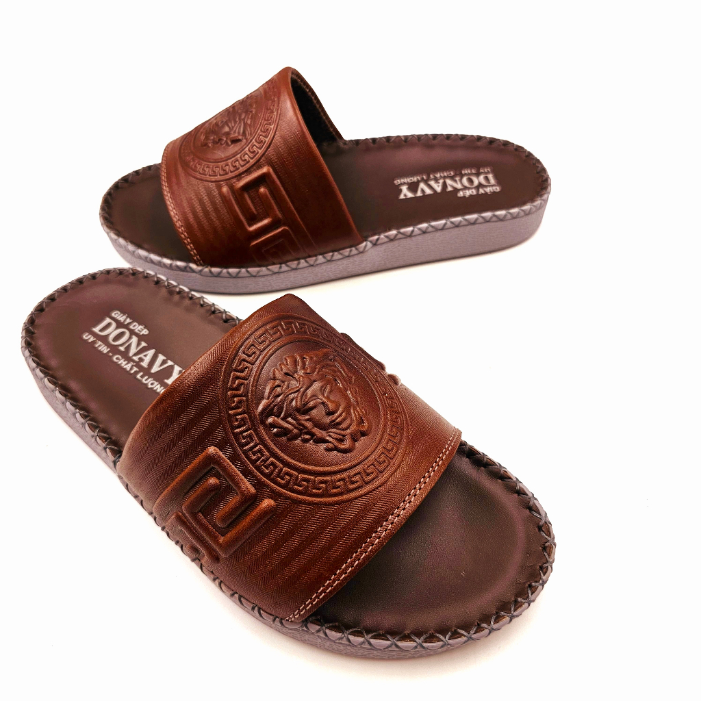 Dép quai ngang nam da bò thật kiểu Versace, đế đúc nguyên khối thiết kế xẻ rãnh chống trơn trượt D.Ver