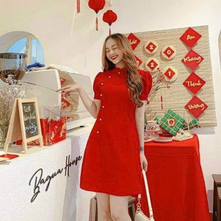 Đầm cổ tàu thời trang nữ có đính cườm chất cotton lạnh,
