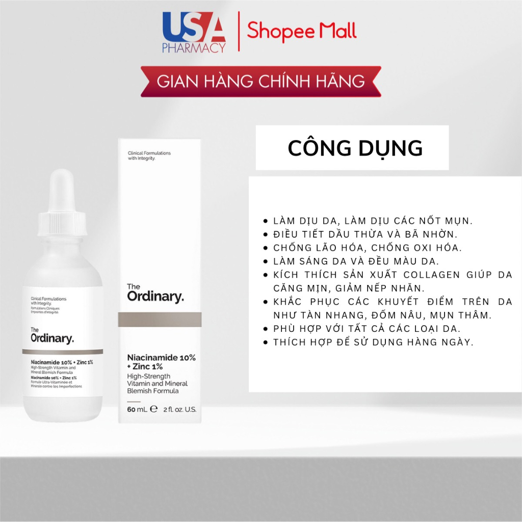 Serum Sáng Da, Ngừa Mụn, Se Khít Lỗ Chân Lông Niacinamide 10% + Zinc 1% The Ordinary