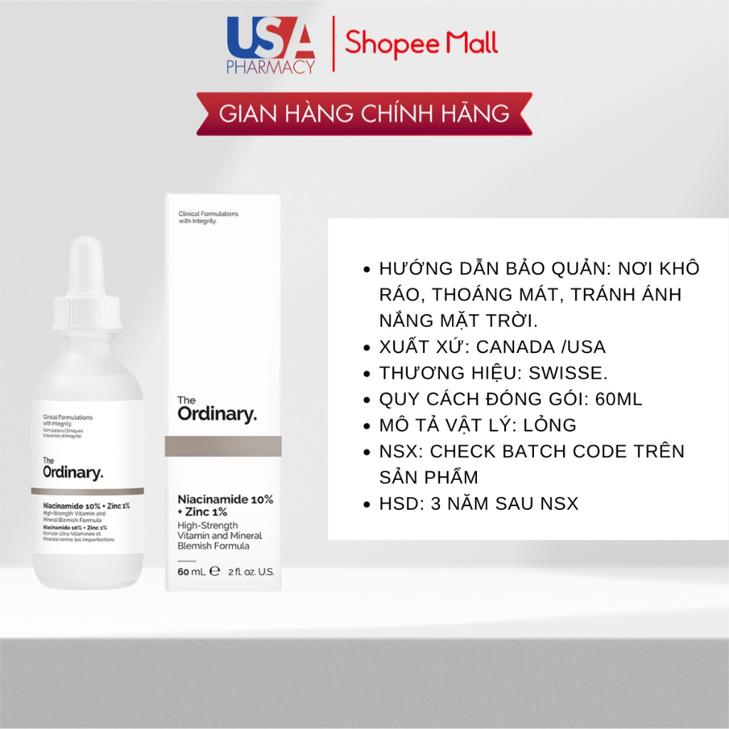 Serum Sáng Da, Ngừa Mụn, Se Khít Lỗ Chân Lông Niacinamide 10% + Zinc 1% The Ordinary