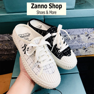 [HOT HIT] Giày Sục Đạp Gót Nữ Ny ZANNO Vải Dạ Chữ Thêu, Màu Đen Và Kem (Ảnh, Video Thật)