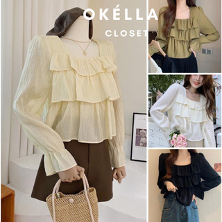 Áo sơ mi CỔ VUÔNG dáng babydoll, áo bánh bèo chất đũi dày dặn hàng QC xịn Okélla