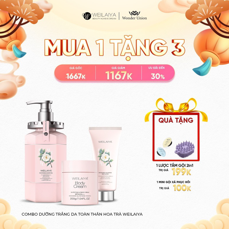COMBO DƯỠNG TRẮNG DA BODY HOA TRÀ TOÀN DIỆN BỘ 3 TẮM TRẮNG, DƯỠNG DA NGÀY VÀ ĐÊM WEILAIYA