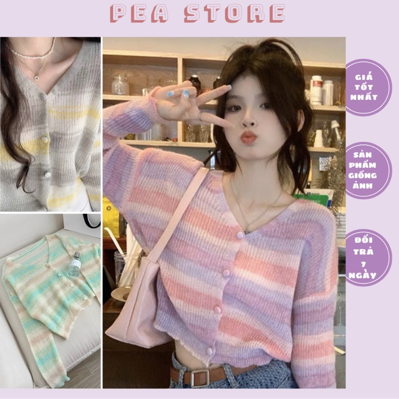 Áo len cúc bọc kẻ ngang hàng Quảng Châu mềm mịn - Áo khoác cadigan mỏng nhiều màu dễ mặc Pea Store