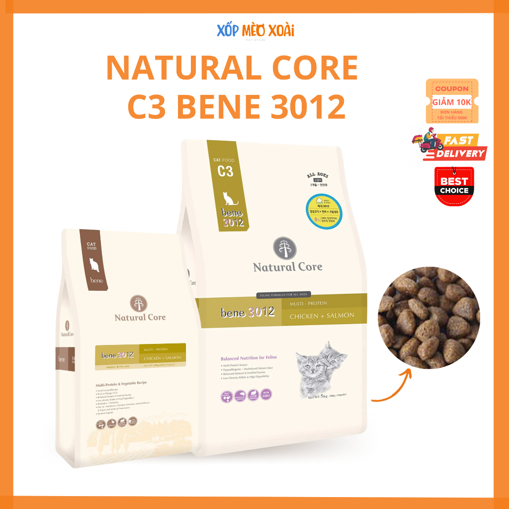 Thức ăn hạt cho mèo Natural Core C3 Bene 3012 - Thịt gà và cá hồi - Thức ăn khô tốt cho tiết niệu và tim mạch mèo 5kg