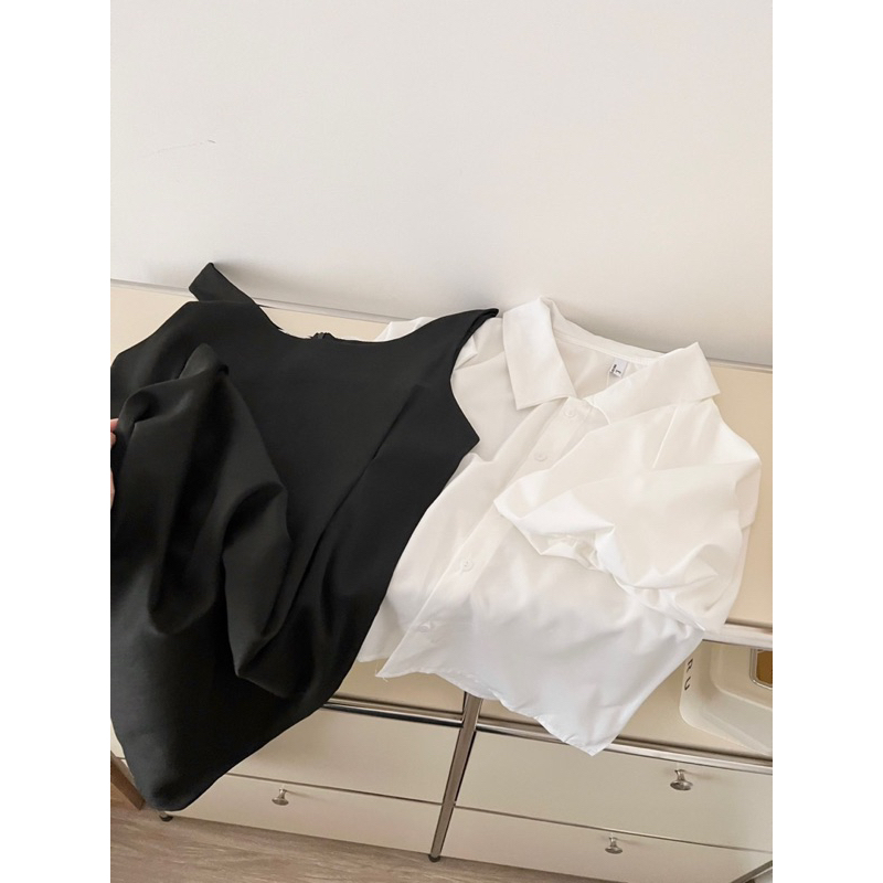Set váy yếm đen dáng dài vintage kèm áo sơ mi tay bồng tiểu thư Pea Store (ảnh thật)