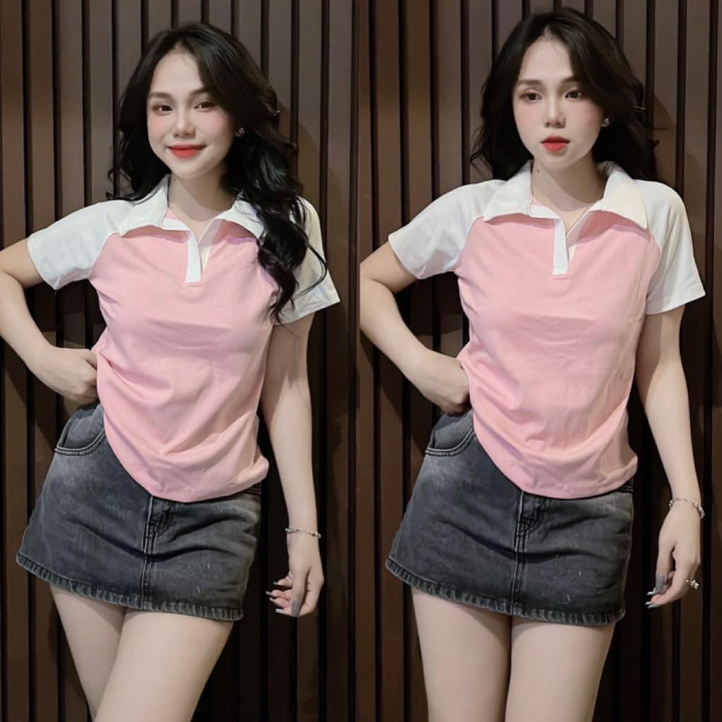 Áo thun ôm body nữ Pô Lô tay ngắn RAGLAN Trơn