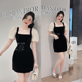 Váy Nhung Cổ Vuông Tay Ren Hoa cực xinh phối màu đen trắng sang chảnh