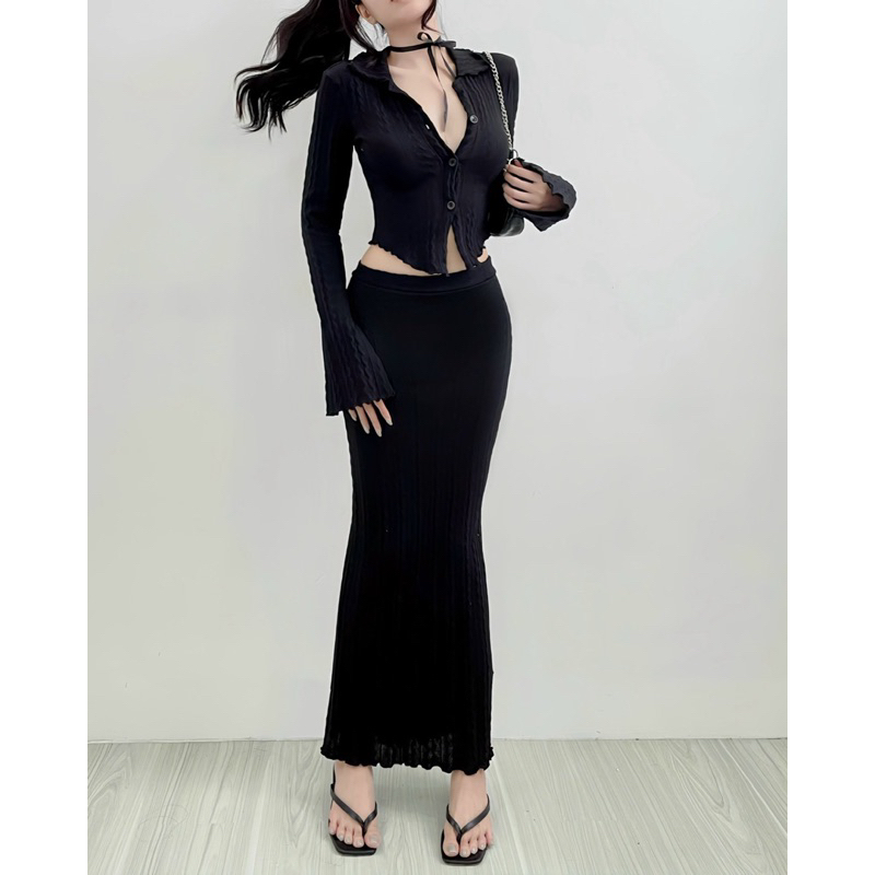 Set Áo sơmi + Chân váy Len thun