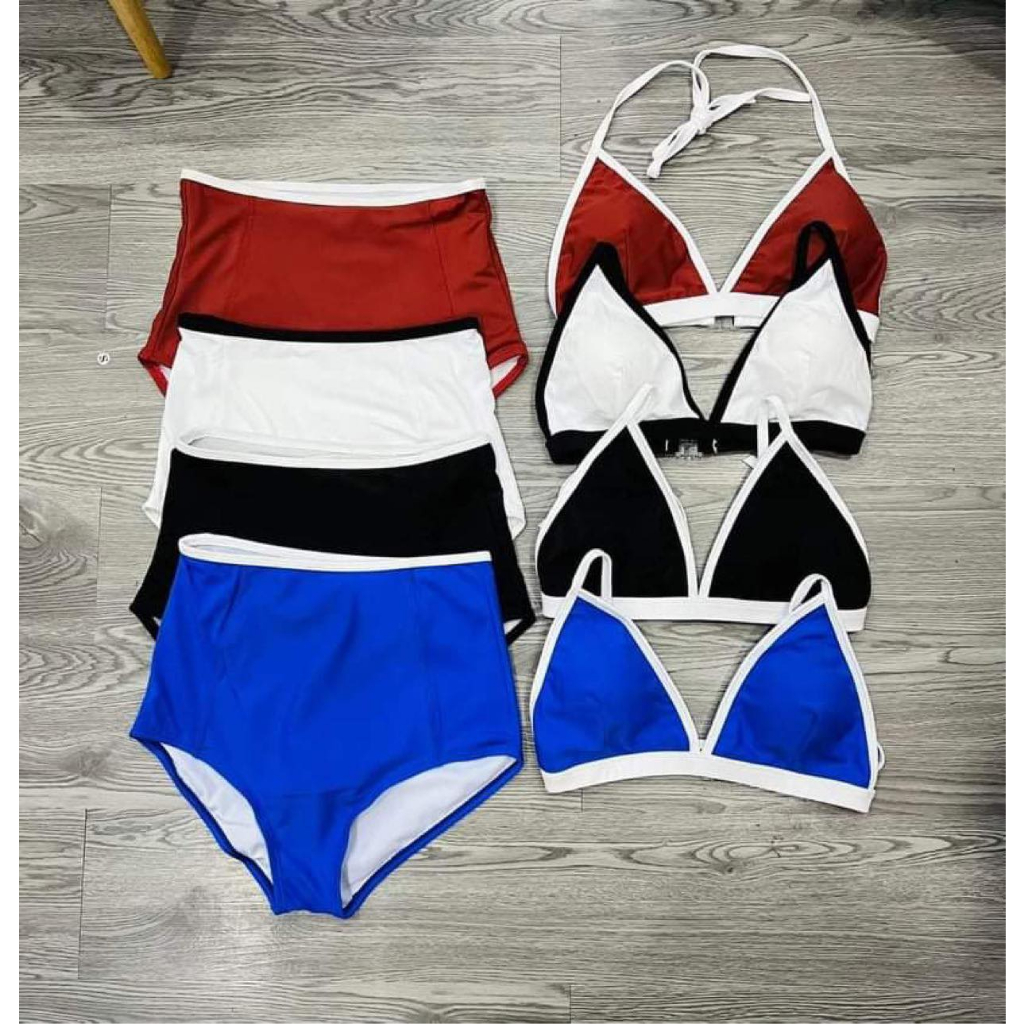 Set bikini đi biển nữ đồ bơi bikini 2 mãnh mút mềm quần lưng cao viền trắng Ms 14