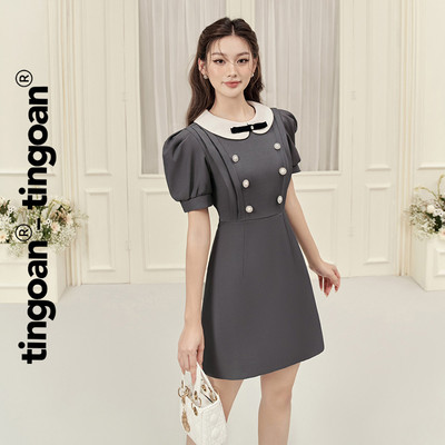 TINGOAN® - Váy phối cổ đính nơ đính cúc ngực xám CLASSIE DRESS/GR