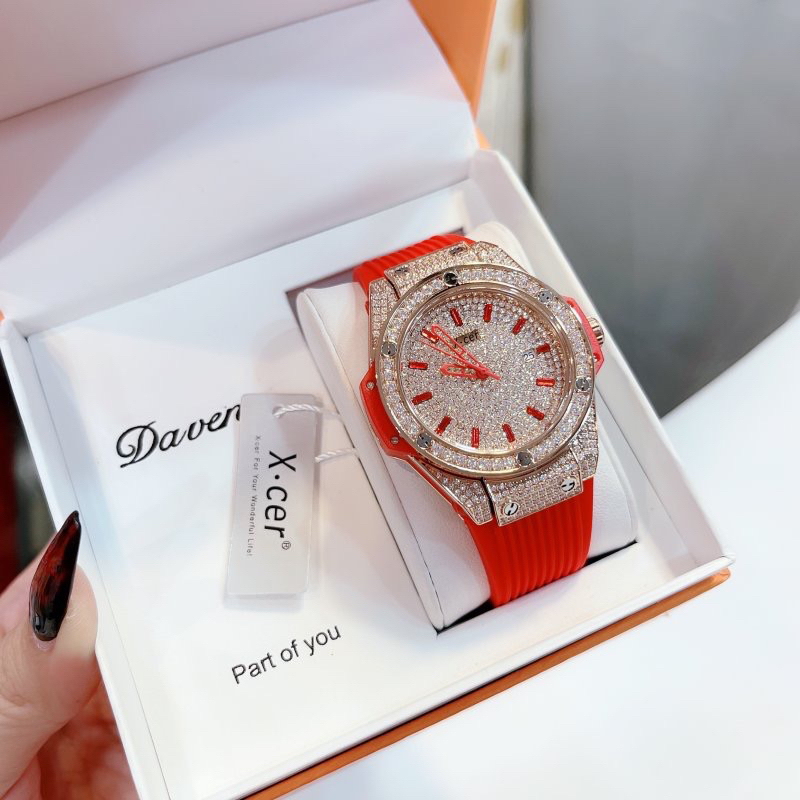 Đồng hồ nữ XCer 0635 mặt tròn đính full đá dây Silicon  chính hãng siz 34mm